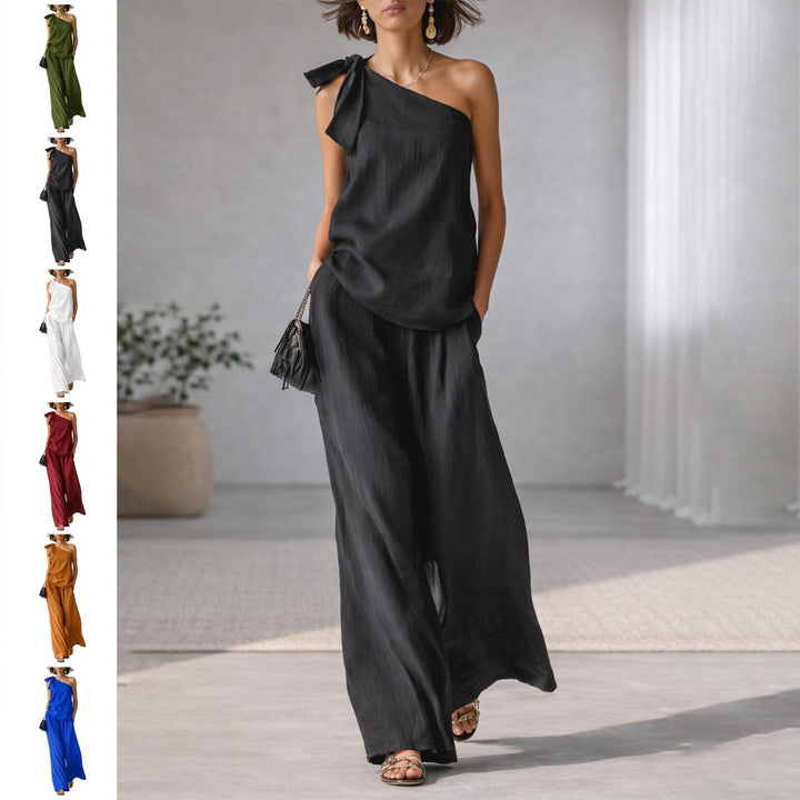 Summer Outfits for Women 2 Piece Set Off Shoulder Asymmetrical Neck Tank Tops Wide Leg Pants Set for Travel refined