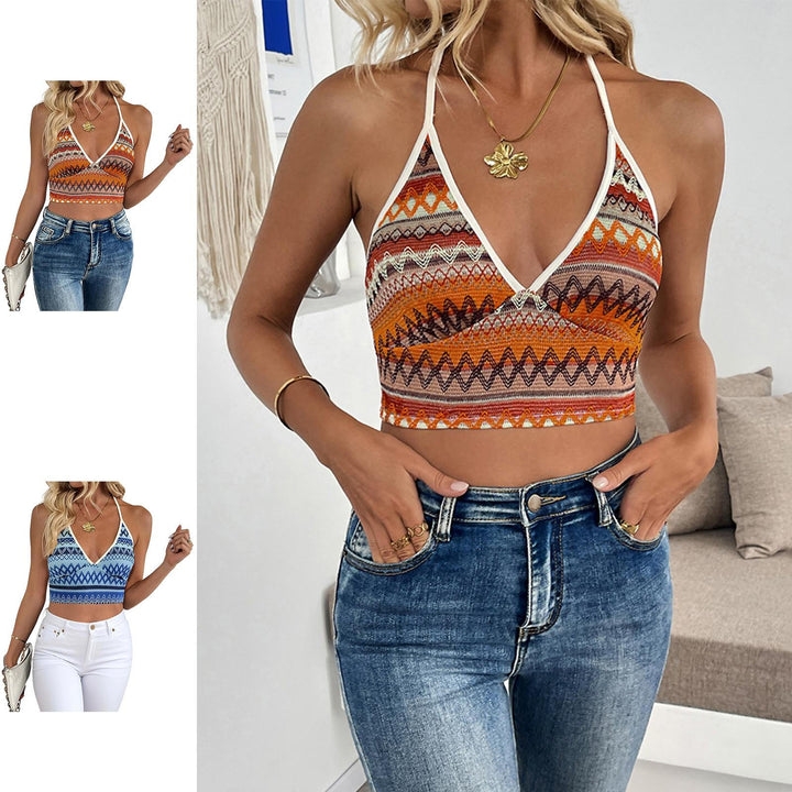 Womens Boho Halter Top Deep V Neck Tie Backless Summer Geometric Striped Going Out Cami Crop Tops Daily Wear brightly