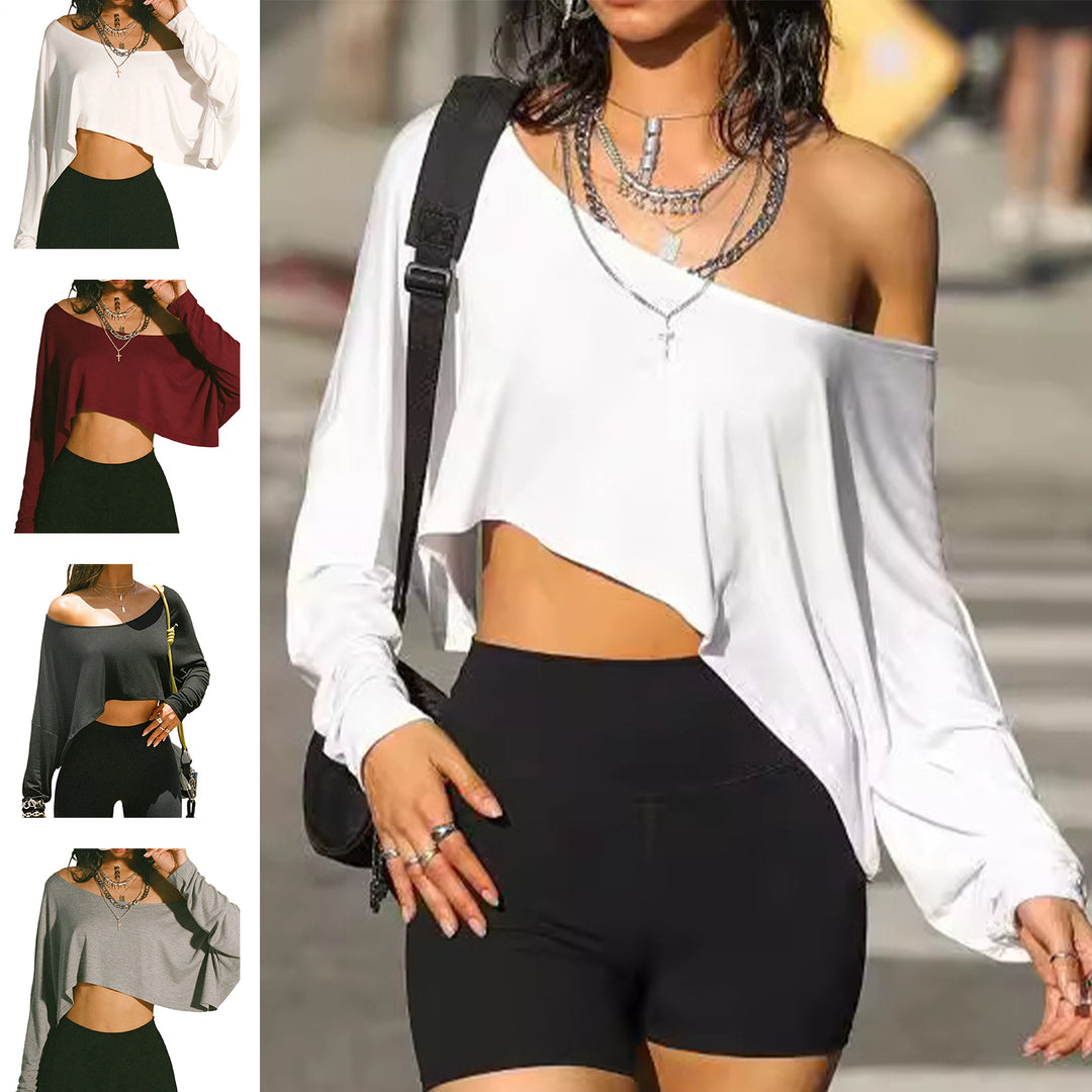Off The Shoulder Crop Tops for Women Long Sleeve Slouchy Off The Shoulder Top Loose Casual T Shirt for Dating proficient
