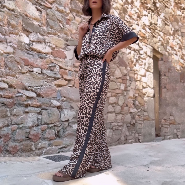 Womens Lounge Set 2 Piece Leopard Print Button Down Shirt with Palazzo Pants Going Out Outfit Streetwear fun