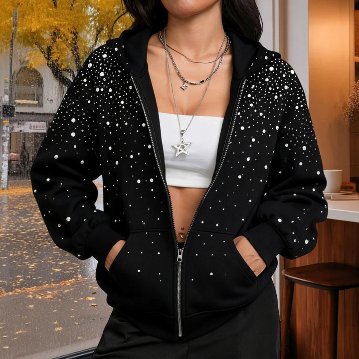 Rhinestone Zip Up Hoodie Zip Up Trendy Glitter Hoodie Unisex Long Sleeve Jackets for Streetwear Going out typical