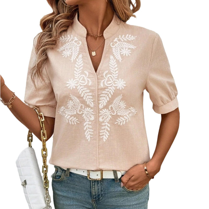 Embroidered Blouses for Women V Neck Floral Embroidered Top Short Sleeve Blouses Fashion Clothes for Travel generous