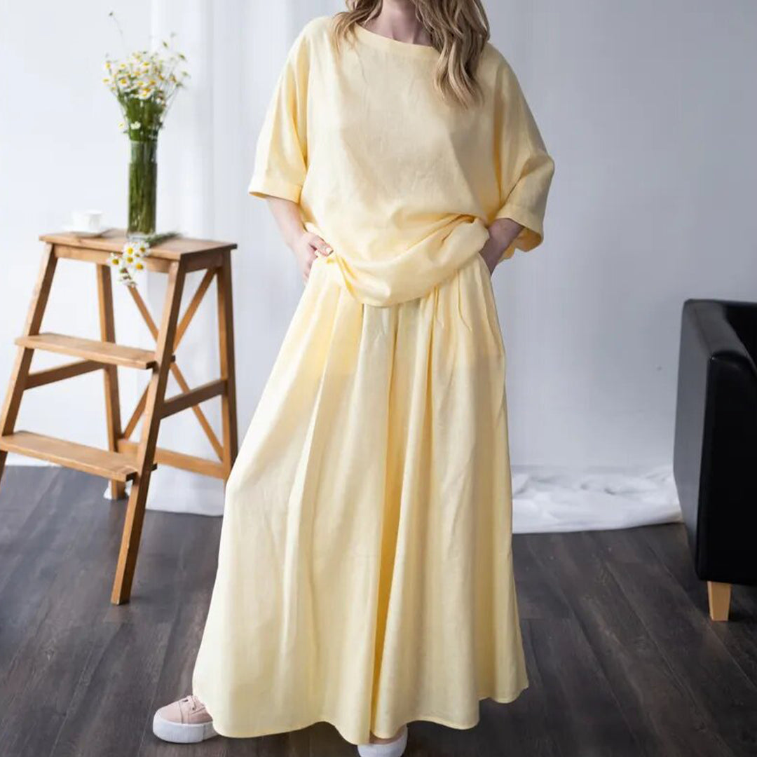 Matching Skirt Set Two Piece Linen 3/4 Sleeve Top with Flowy Skirt Summer Lounge Outfits for Going Out Travel delightful