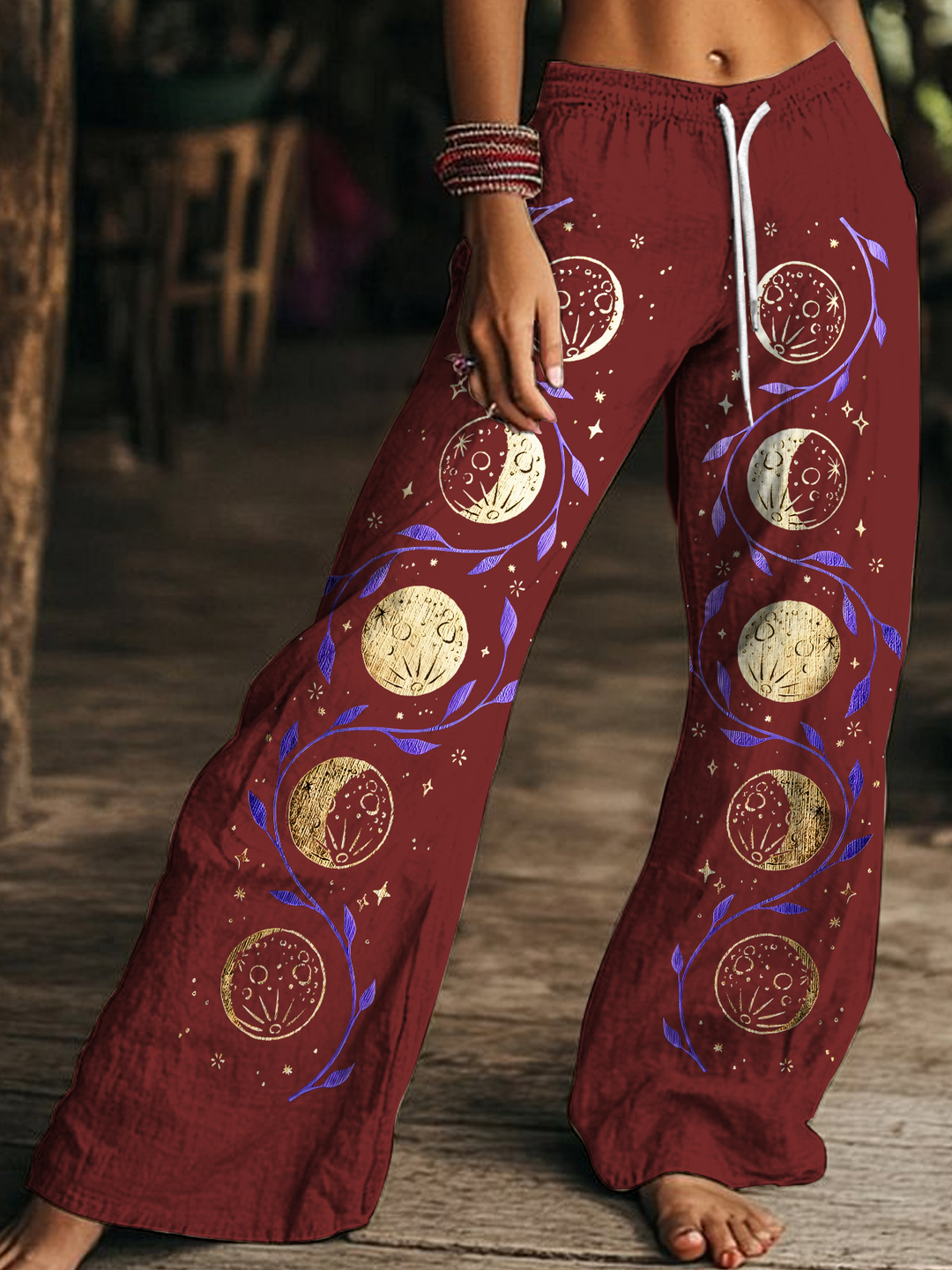 Retro Hippie Sun and Moon Art Women's Drawstring Wide-Leg Pants