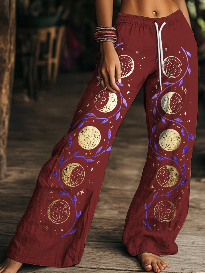 Retro Hippie Sun and Moon Art Women's Drawstring Wide-Leg Pants
