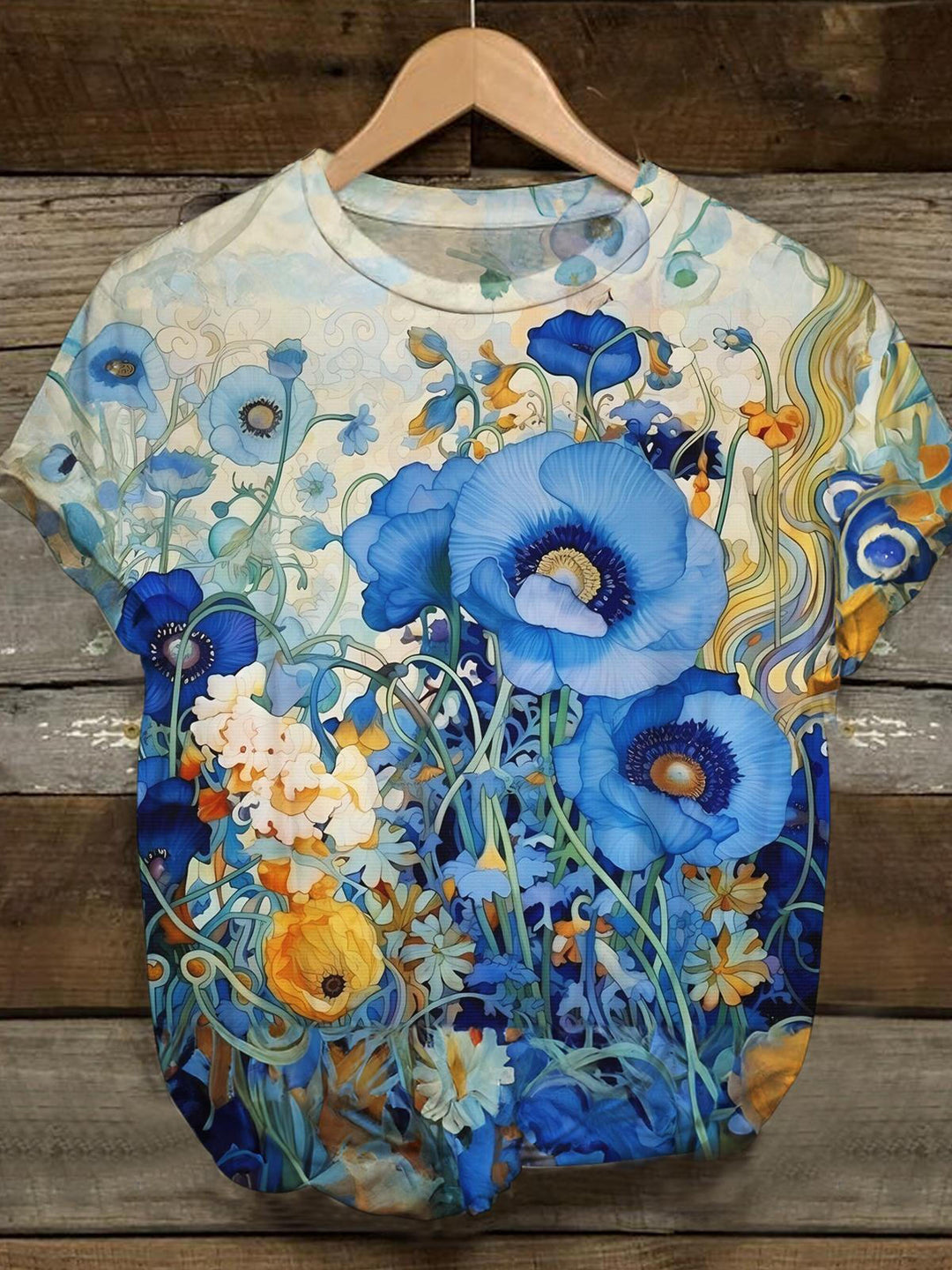 Blue Morning Glory Floral Print Crew Neck T-shirt