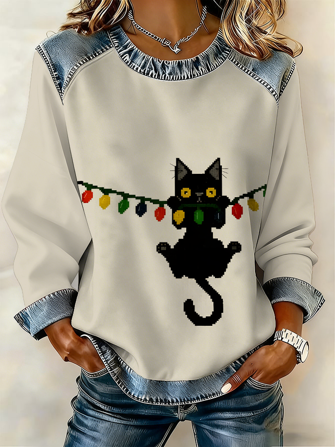 Women's Funny Christmas Cat Raglan Spliced Crew Neck Sweatshirt
