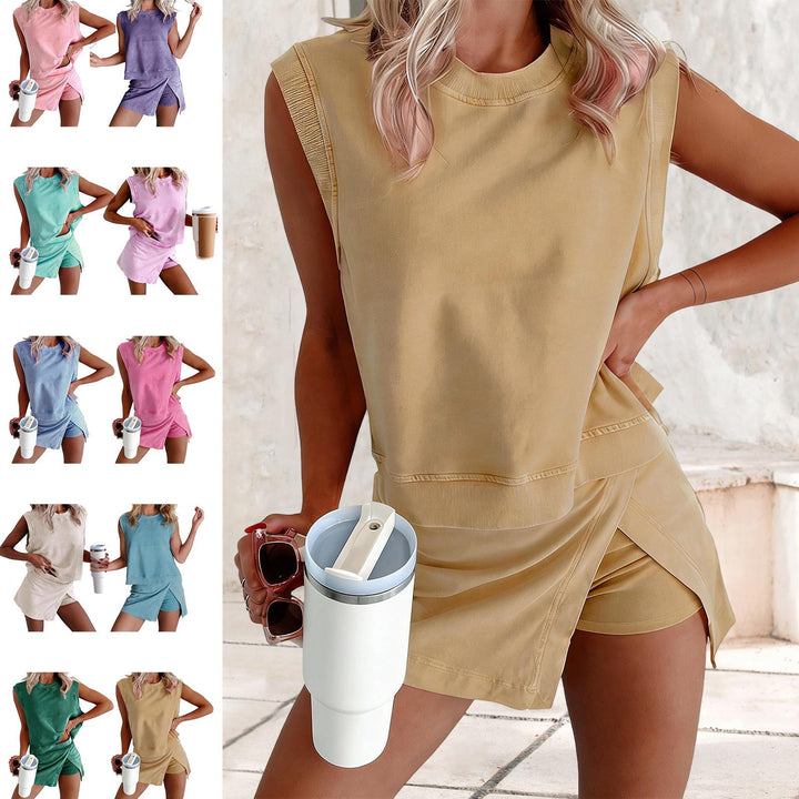 2 Piece Skorts Set for Women Sleeveless Cotton Crewneck Tank Top Split Athletic Skirt Skorts Set for Beach cosy