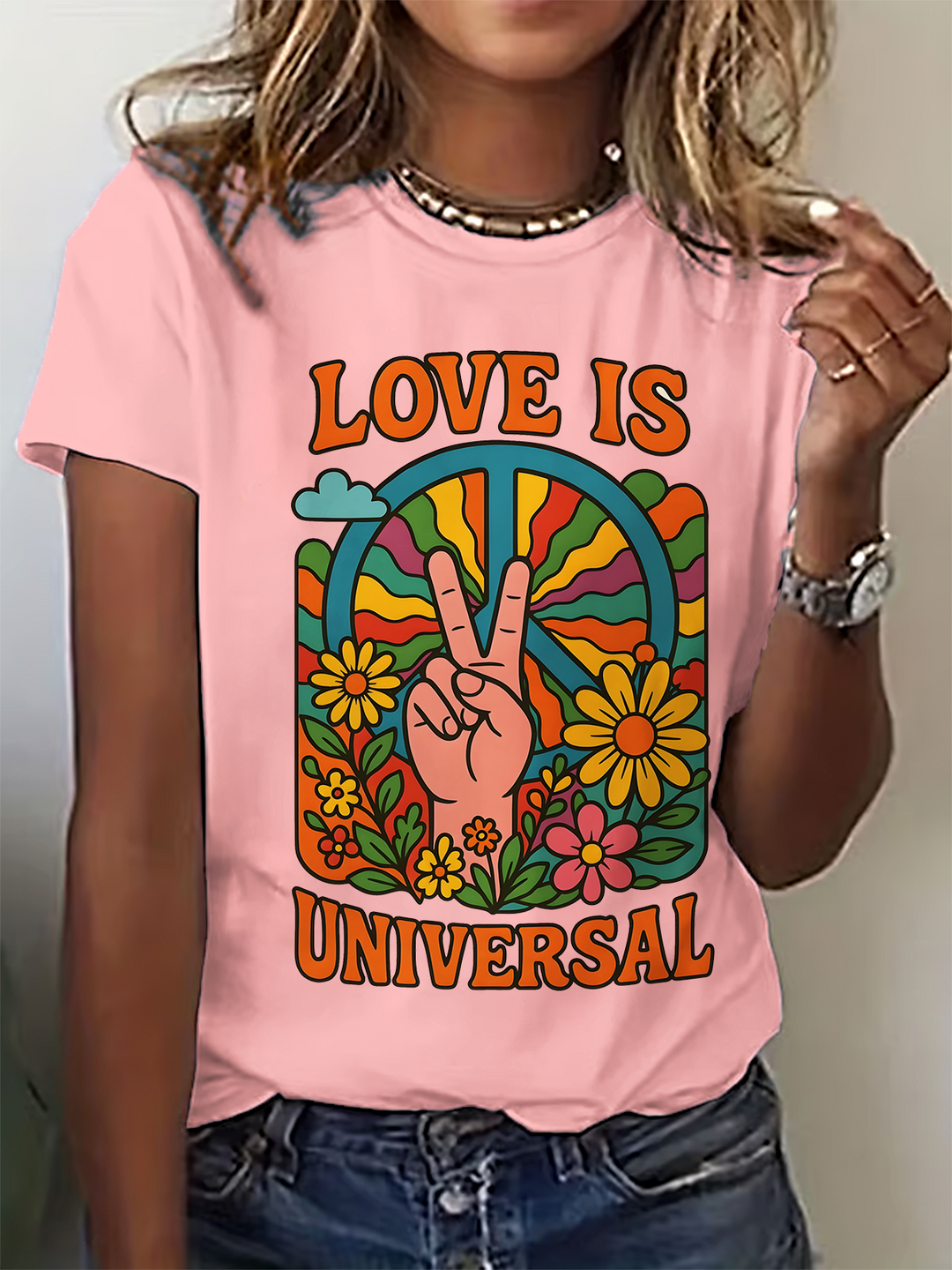 Love Is Universal Retor Hippie Art Crew Neck T-shirt