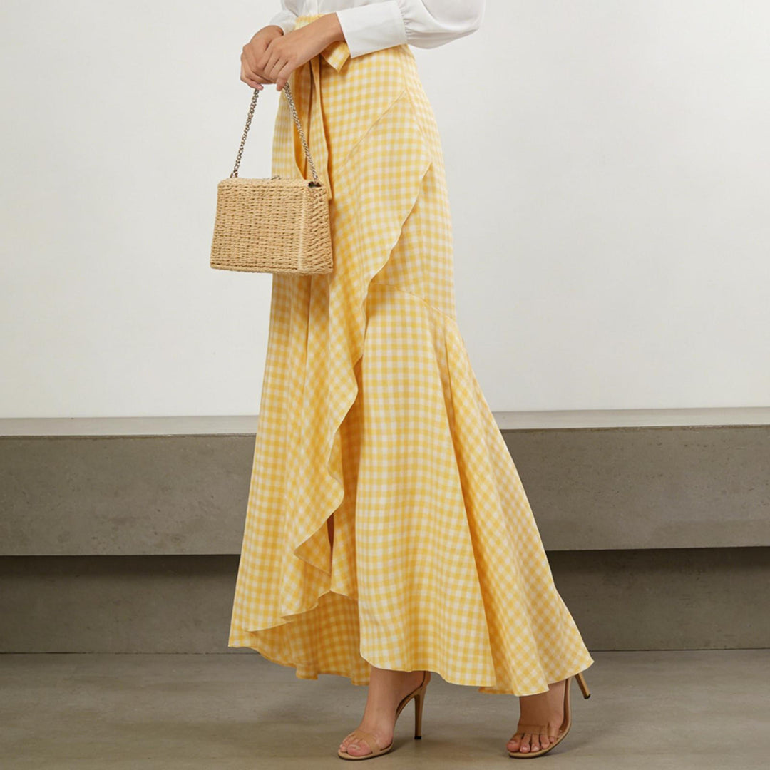 Long Plaid Skirt Mermaid A Line Women High Waist Flowy Ruffle High Low Skirts Waist Tie Clothes Daily Wear capable