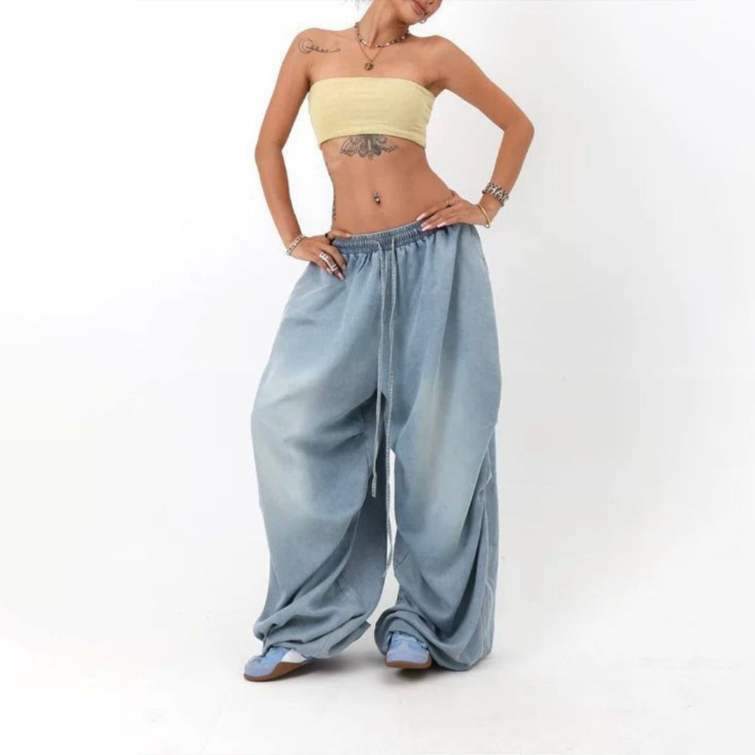 Womens Elastic Waist Jeans Low Rise Vintage Baggy Barrel Jeans Streetwear Loose Fit Denim Pants for Travel candid