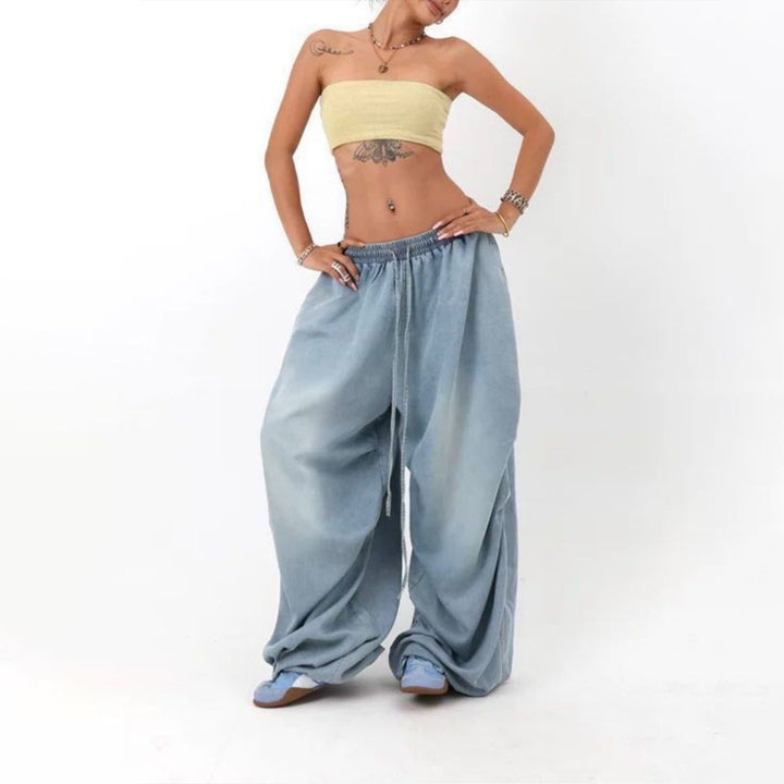 Womens Elastic Waist Jeans Low Rise Vintage Baggy Barrel Jeans Streetwear Loose Fit Denim Pants for Travel candid