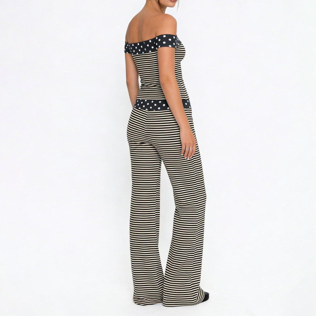 Summer Outfits for Women 2 Piece Set Striped Dot Summer Off Shoulder Tee Shirts Wide Leg Pants Set for Travel richly