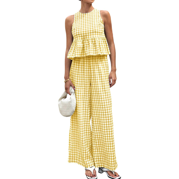 Womens Gingham Set Ruffle Plaid Peplum Tops and Pants Summer Vacation Going Out Sets for Daily Wear Beach admired