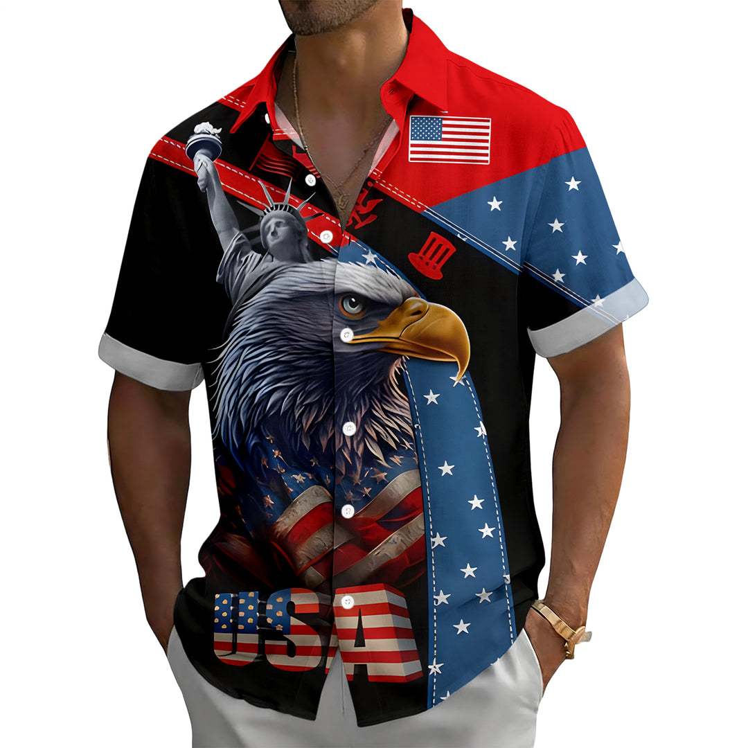 Flag Button Up Shirt Men Eagle Print Short Sleeve Button Down Patriotic Hawaiian Shirts for Parade Party amiable