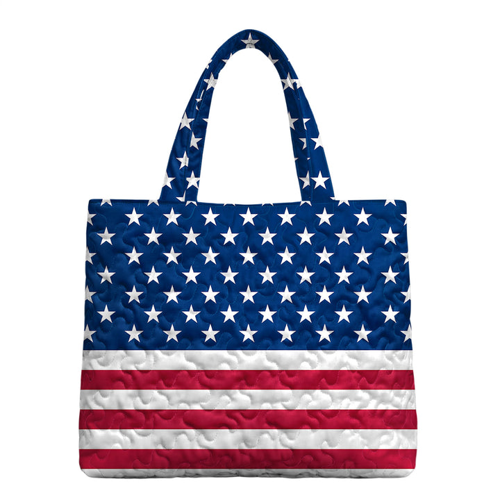 Quilted Tote Bag for Women American Flag Patriotic Handbags with Handles Travel Casual Purse for Vacation practical