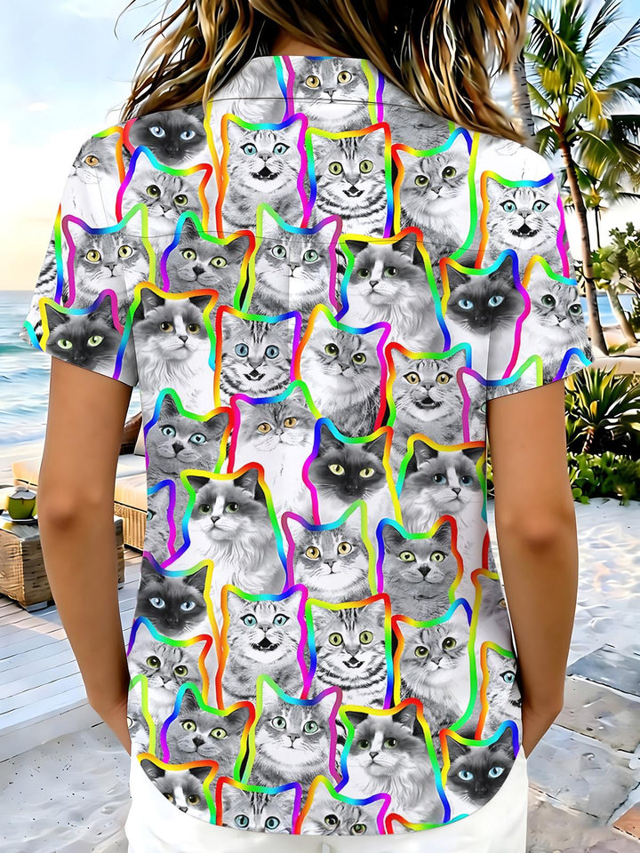 Cat Print Women's Short Sleeve Shirts