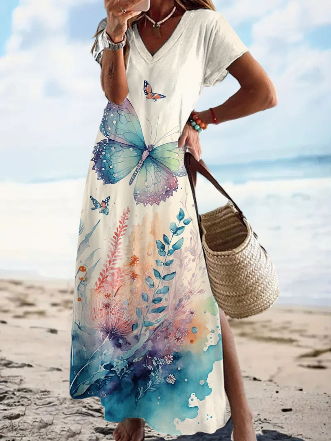 Watercolor Butterfly and Flower Print Short Sleeve V Neck Maxi Dress