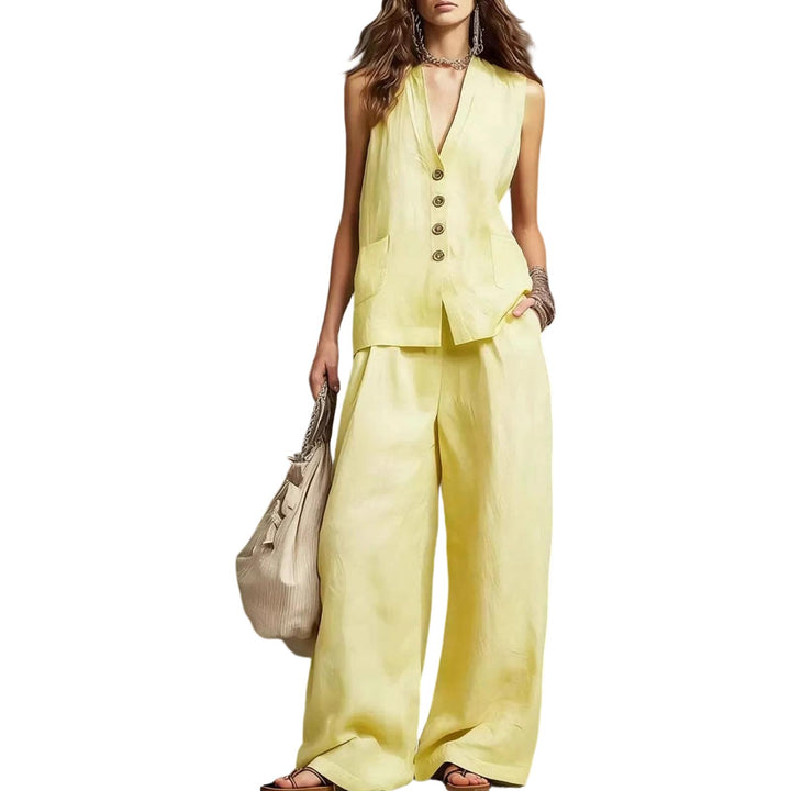 Womens Vest and Pants Set Two Piece Button Down Vest Top and Wide Leg Pants Casual Outfits for Work Travel ideal