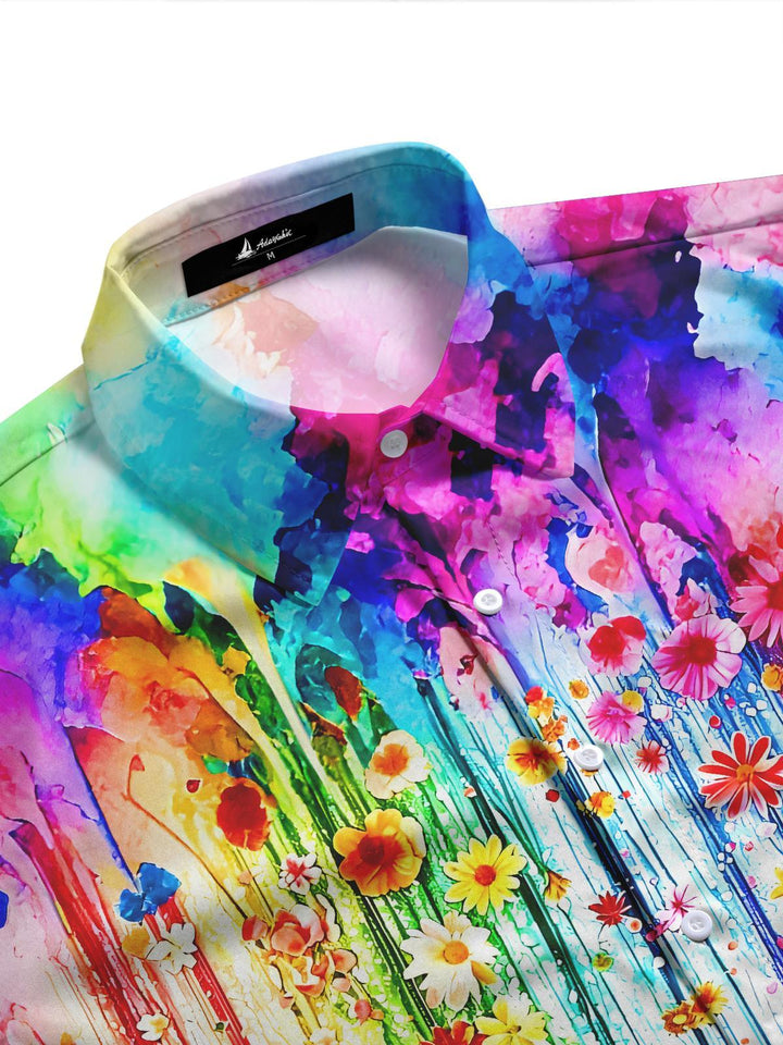 Rainbow Tie Dye Paint Splatter Floral Women's Short Sleeve Shirts