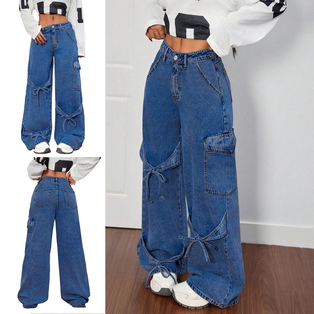 Women's Baggy Jeans Bow Tie Boyfriends Straight Leg Loose Trendy Mid Rise Denim Pants for Travel Daily Wear amiable