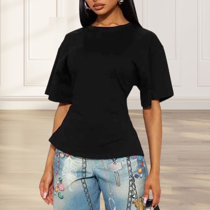 Zipper Back Shirt for Women Back Zipper Crewneck Short Sleeve Cinched Waist Top for Daily Wear Vacation method