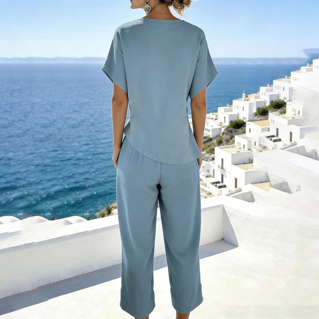 2 Piece Summer Sets for Women Wrap V Neck Side Twist Short Sleeve Solid Top Lounge Pants Outfits for Travel efficient