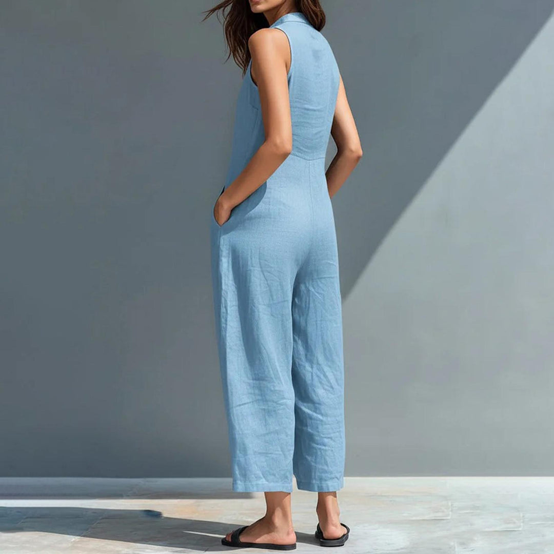 Sleeveless Jumpsuits for Women Button Front Stand Collar Sleeveless Loose Wide Leg Jumpsuit for Vacation classical