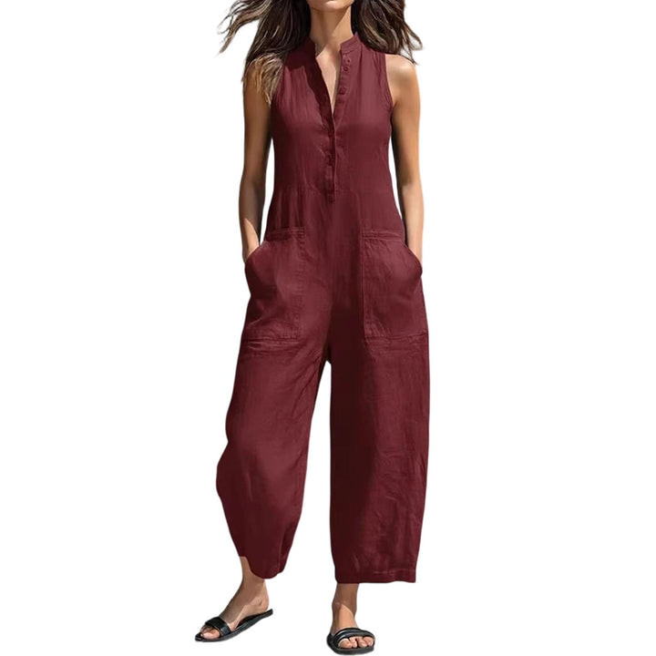 Sleeveless Jumpsuits for Women Button Front Stand Collar Sleeveless Loose Wide Leg Jumpsuit for Vacation classical