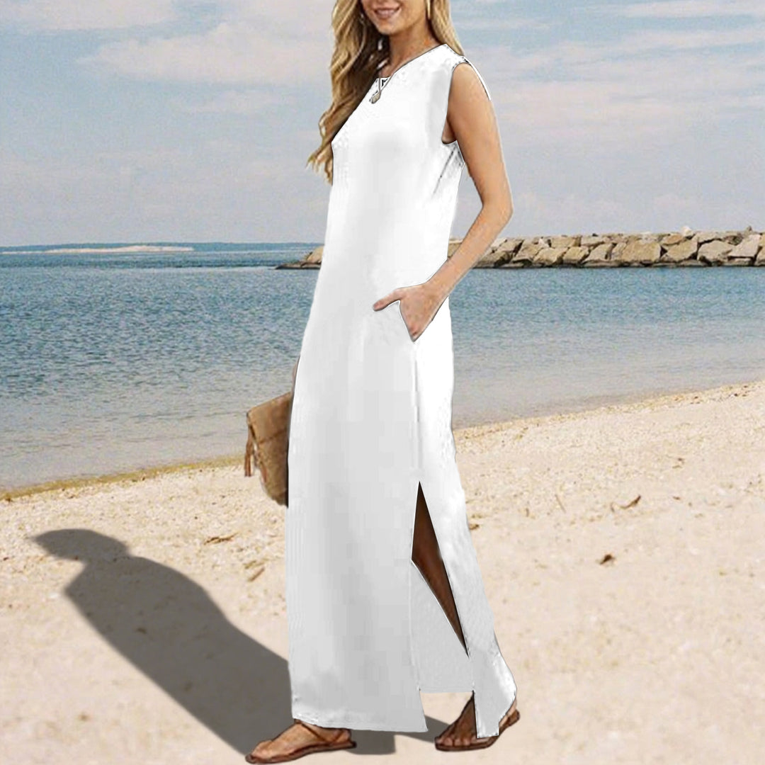 Tank Maxi Dress Sleeveless Solid Color Maxi Dress Loose Fit Side Slit Sundress for Fashionable Daily Wear Vacation Dating classy