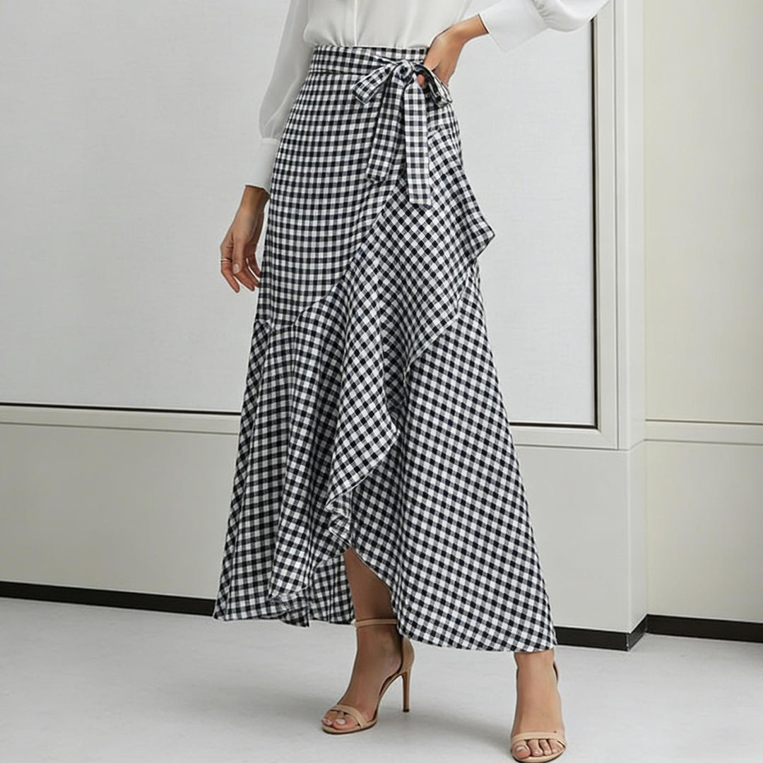 Long Plaid Skirt Mermaid A Line Women High Waist Flowy Ruffle High Low Skirts Waist Tie Clothes Daily Wear capable