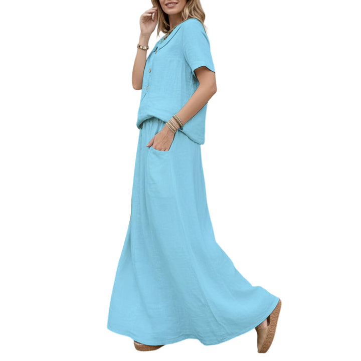 2 Piece Skirt Set Solid Cotton Two Piece Sets Short Sleeve Top and Maxi Skirt Casual Outfit for Daily Wear everywhere