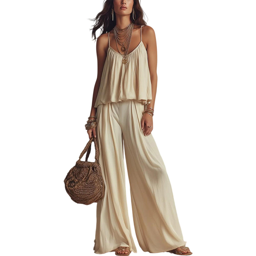 Womens Two Piece Sets Summer Spaghetti Strap Solid Color Bustier Wide Leg Pant Going Out Clothes for Party heathly