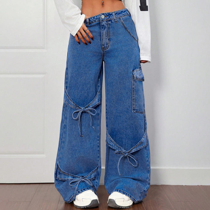 Women's Baggy Jeans Bow Tie Boyfriends Straight Leg Loose Trendy Mid Rise Denim Pants for Travel Daily Wear amiable