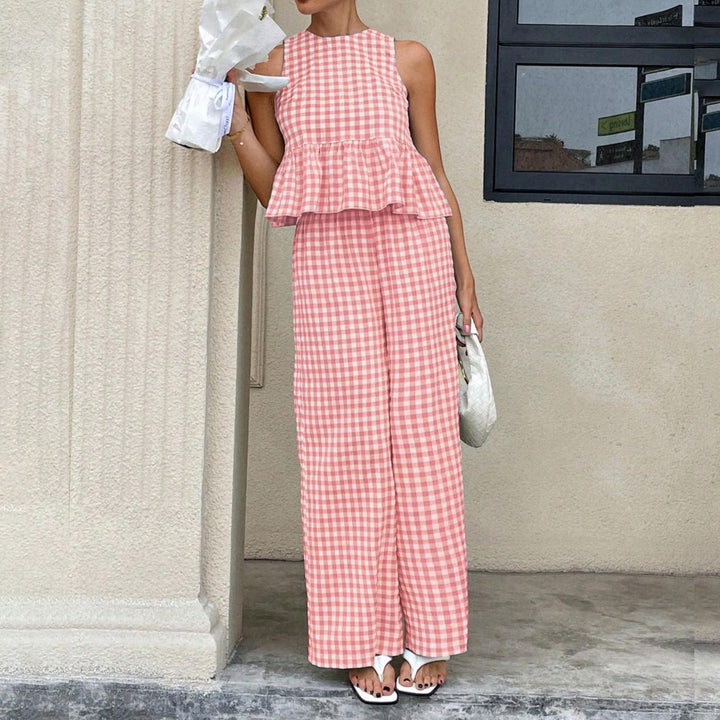 Womens Gingham Set Ruffle Plaid Peplum Tops and Pants Summer Vacation Going Out Sets for Daily Wear Beach admired