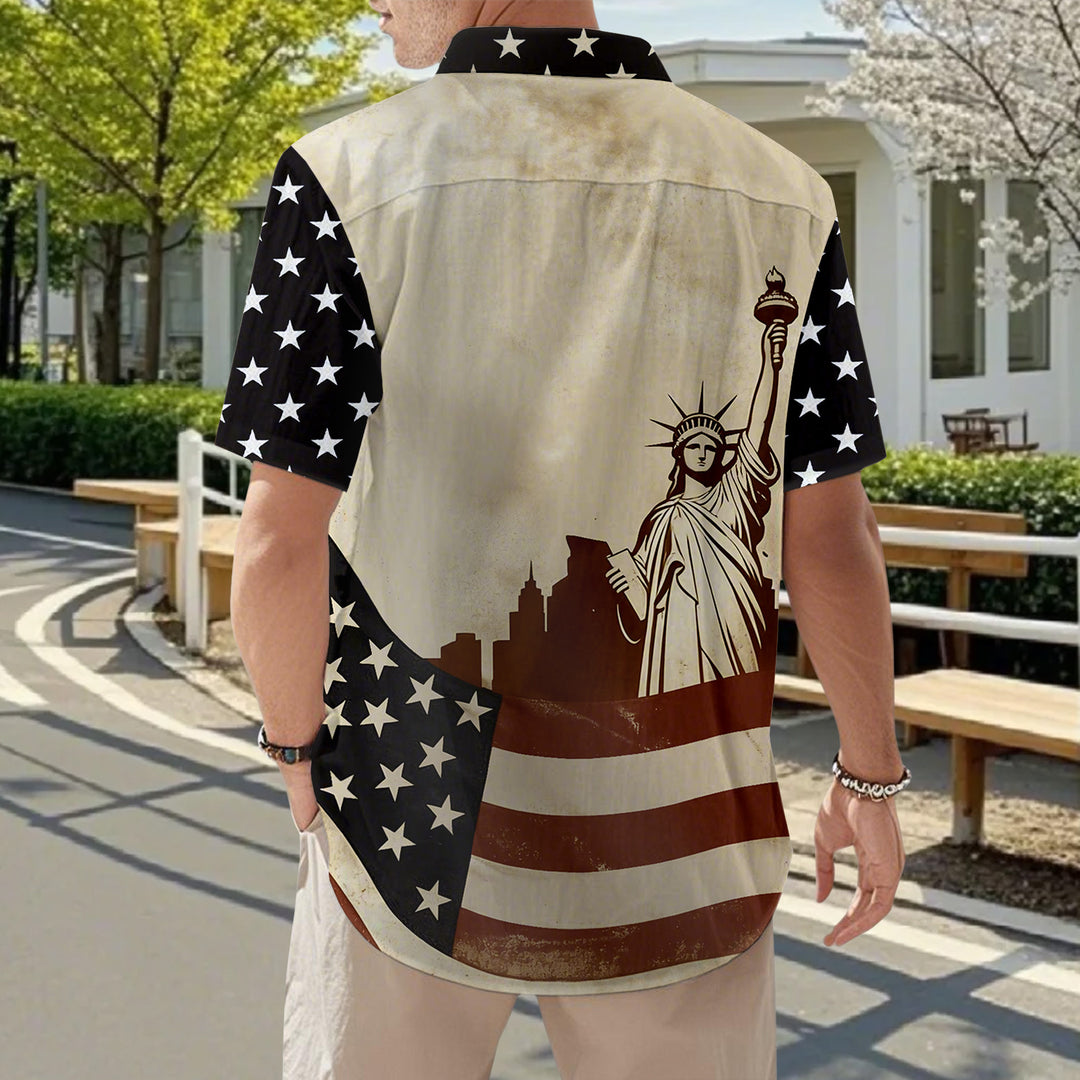 Flag Button Up Shirt Men Eagle Print Short Sleeve Button Down Patriotic Hawaiian Shirts for Parade Party amiable