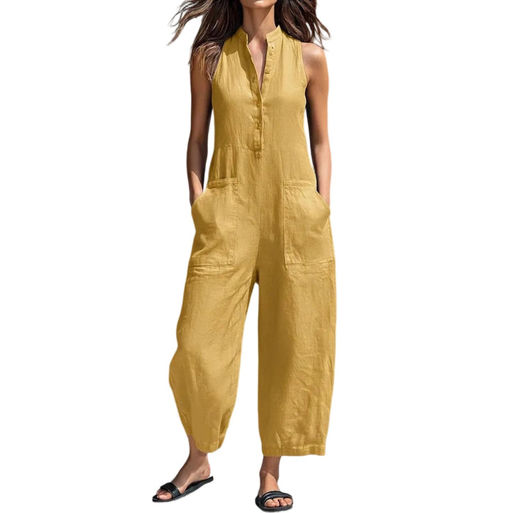 Sleeveless Jumpsuits for Women Button Front Stand Collar Sleeveless Loose Wide Leg Jumpsuit for Vacation classical