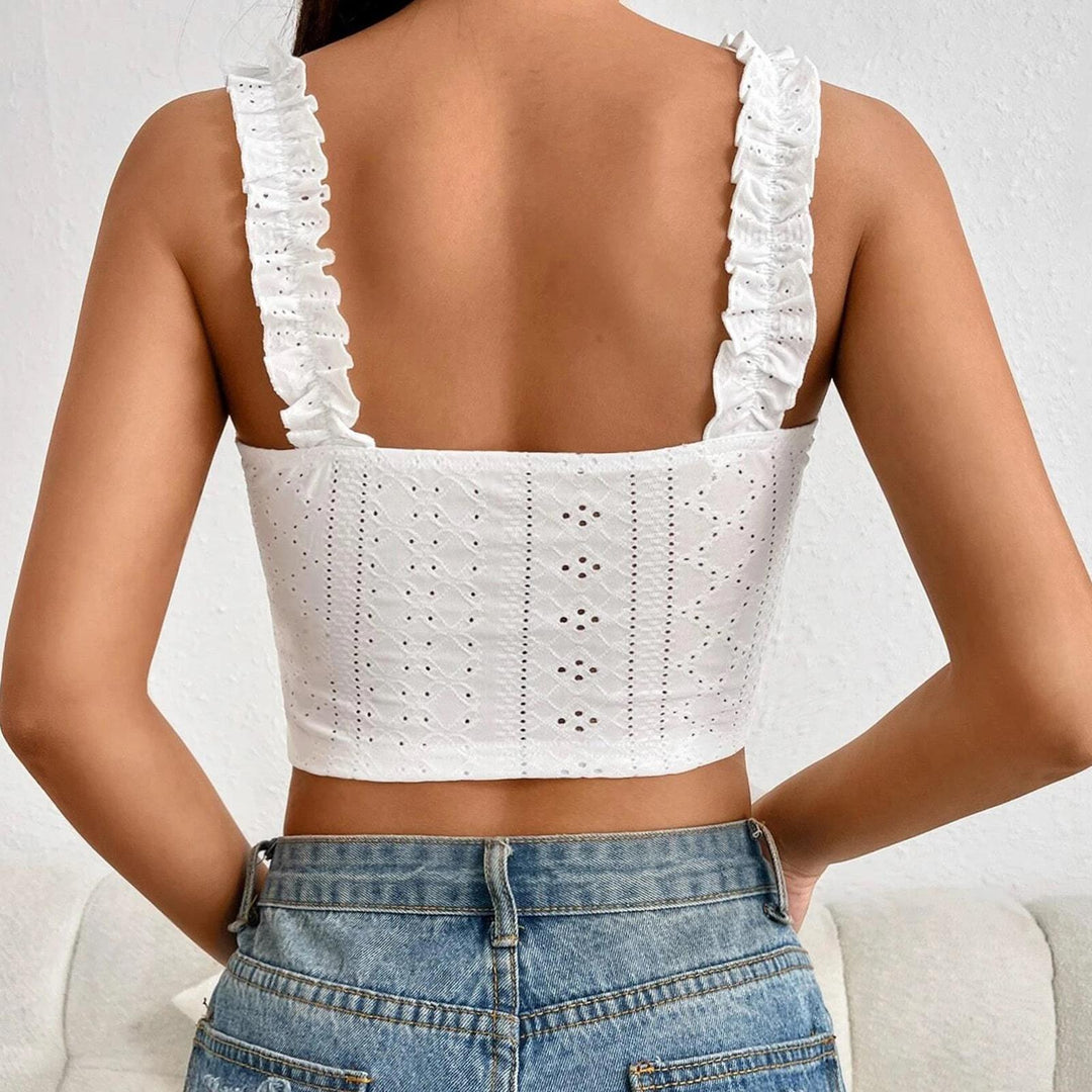 Eyelet Tank Tops for Women Ruffle Ruched Sleeveless Square Neck Tie Front Bust Crop Camisole Tops for Travel excellent