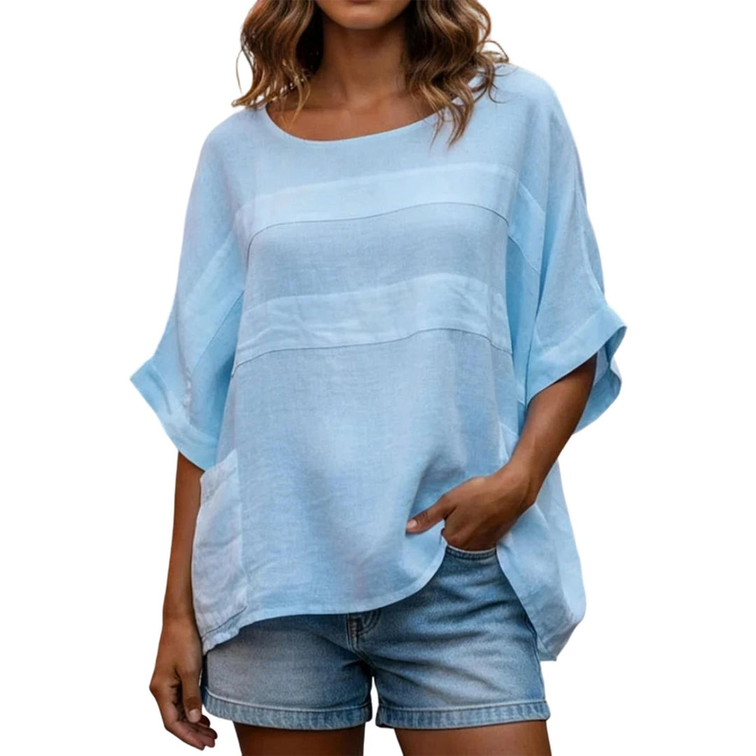 Women's Linen Shirt 3/4 Batwing Sleeve Summer Casual Crewneck Shirts Lightweight Flowy Blouses for Travel reasonable