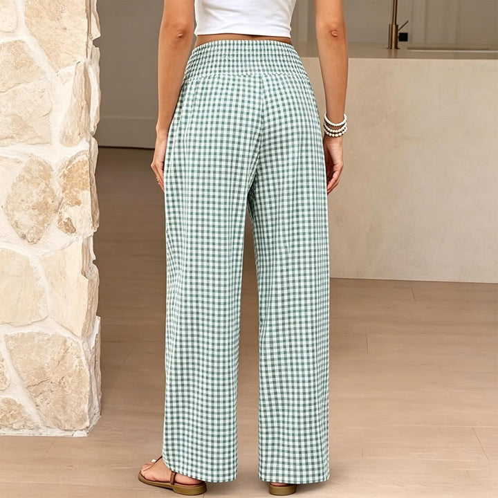 Women Gingham Pants Smocked Waist Plaid Pajama Lounge Pants Wide Leg Trousers with Pocket for Daily Wear gently