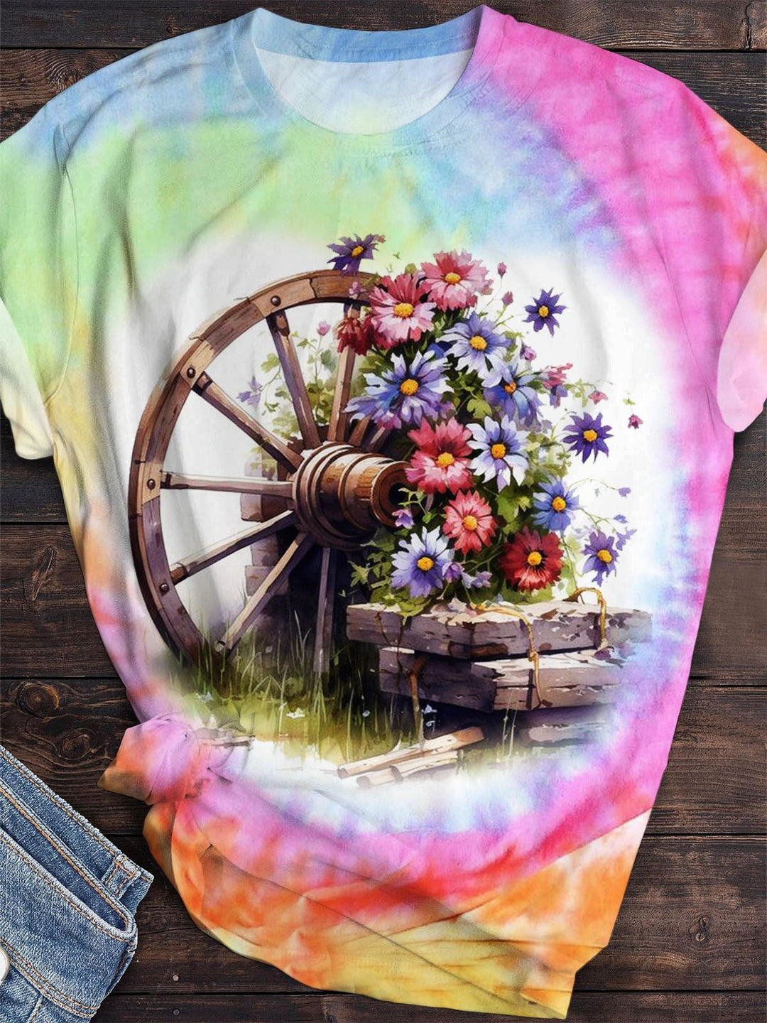 Wheel and Flowers Print Crew Neck T-shirt