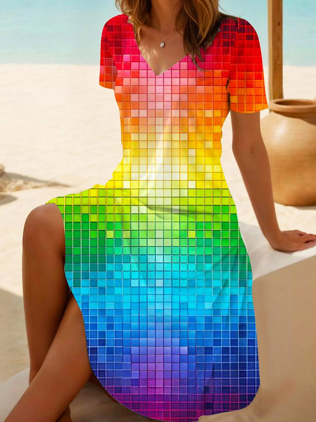Gradient Pixel V-Neck Short Sleeve Dress
