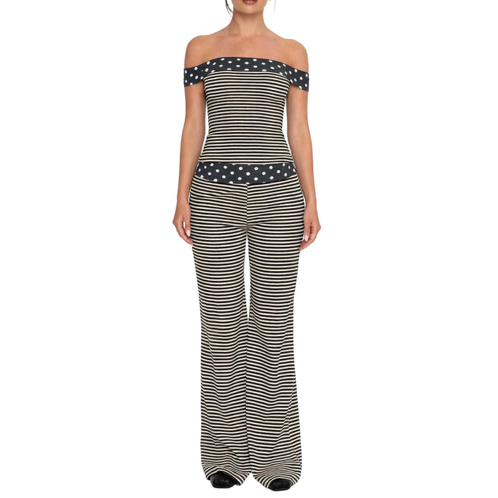 Summer Outfits for Women 2 Piece Set Striped Dot Summer Off Shoulder Tee Shirts Wide Leg Pants Set for Travel richly