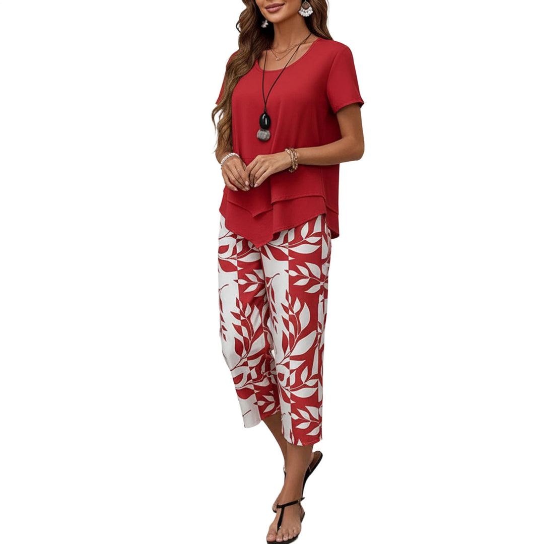 2 Piece Sets for Women Summer Crewneck Short Sleeve Shirts and Wide Leg Capri Pants Lounge Outfit for Travel gently