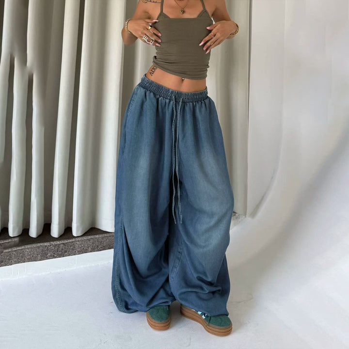 Womens Elastic Waist Jeans Low Rise Vintage Baggy Barrel Jeans Streetwear Loose Fit Denim Pants for Travel candid