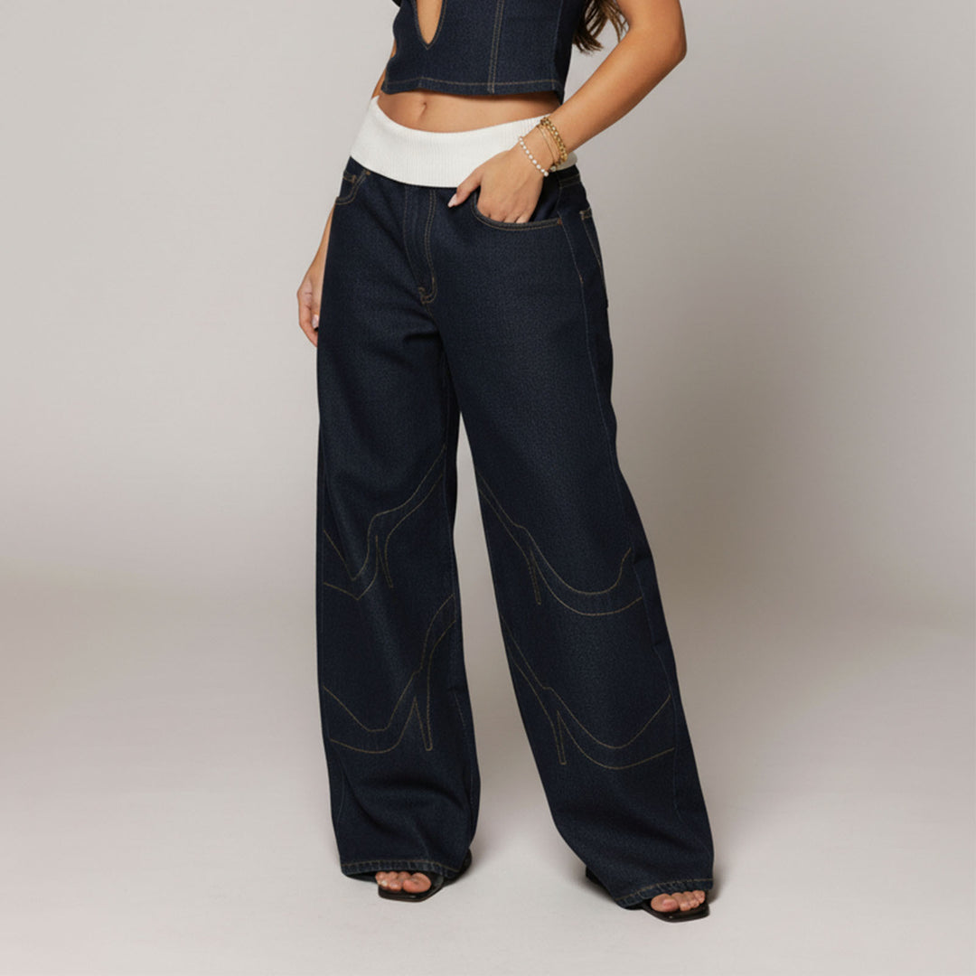 Womens Low Rise Baggy Jeans Fold-Over Elastic Waist Wide Leg Jeans Denim Pants Loose Fit Trousers for Club appropriate