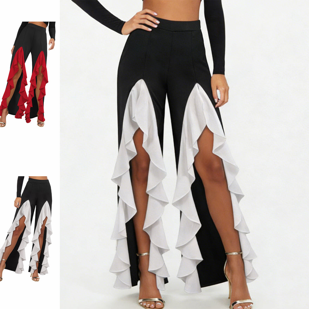 Womens Ruffle Pants Front Slit Flowy Loose Fit Wide Leg Trousers Elastic High Waist Lounge Pants for Dating improved