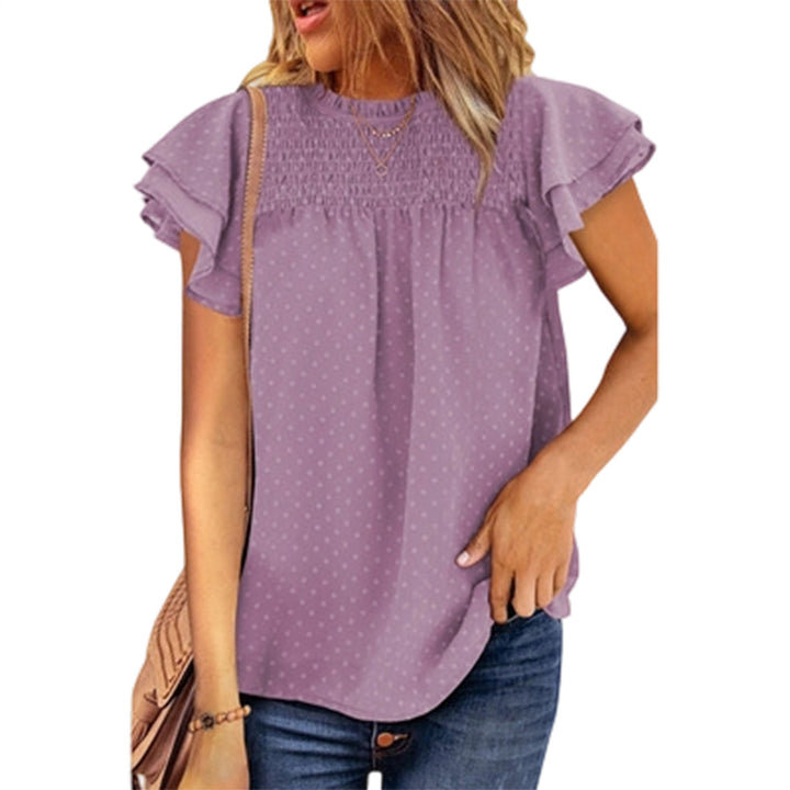 Womens Ruffle Short Sleeve Blouse Dot Smocked Crewneck Summer Flowy Chiffon Shirts Pullover Tops for Travel expedient