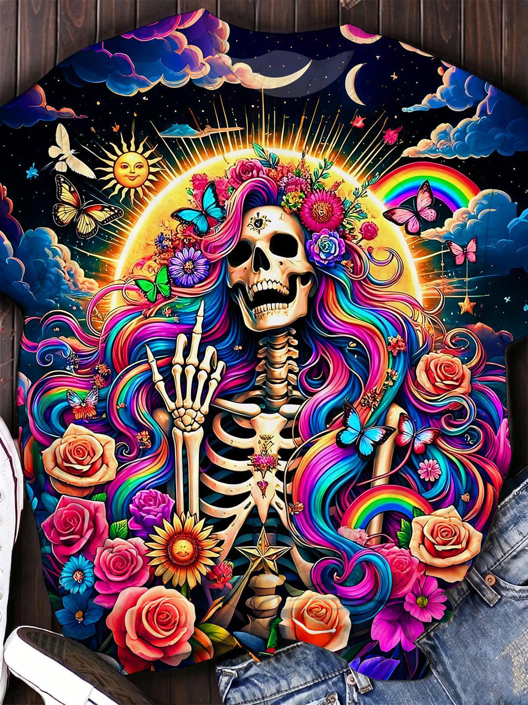 Fun Colorful Skulls Butterflies Flowers Women's Short Sleeve Crew Neck T-shirt