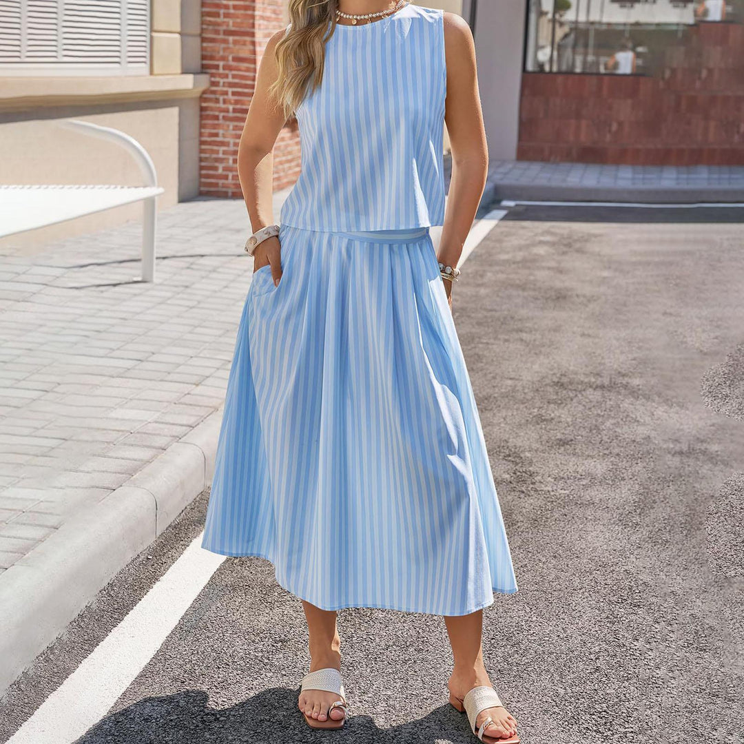 Striped Skirt Set 2 Piece Casual Sleeveless Top and Midi Skirt Summer Matching Lounge Sets for Everyday Wear adaptable